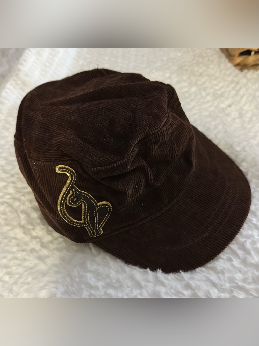 Vintage Baby Phat Brown Corduroy Military-Style Cap with Gold Cat Patch